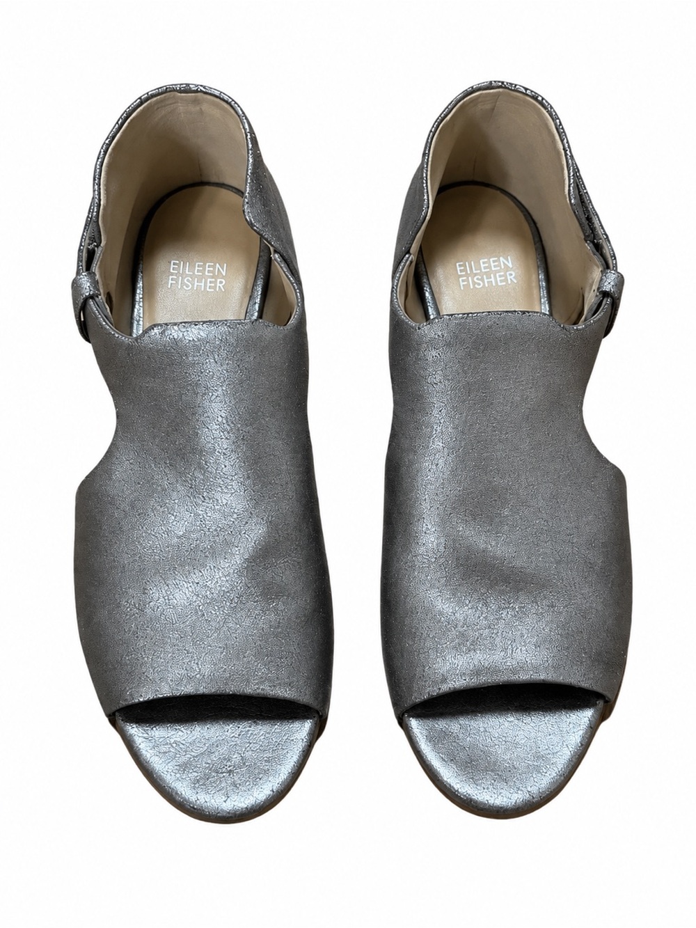 Eileen Fisher Silver Metallic Leather Cutout Wedge Sandals 7.5
